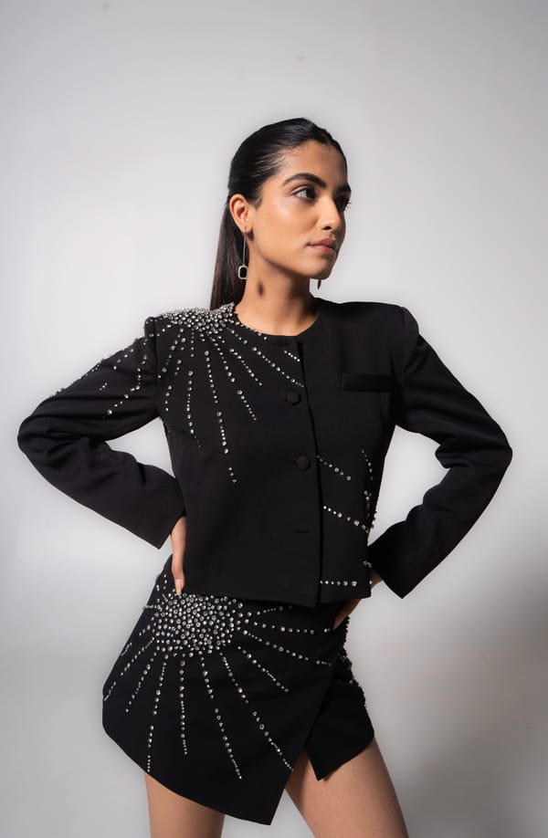 Black Crystal-Embellished Wrap Mini Skirt — MAGIA
