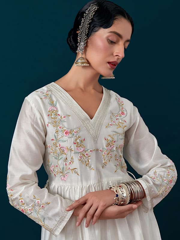 Off White Silk Chanderi Embroidered Yoke Flared Kurta — Anantaa