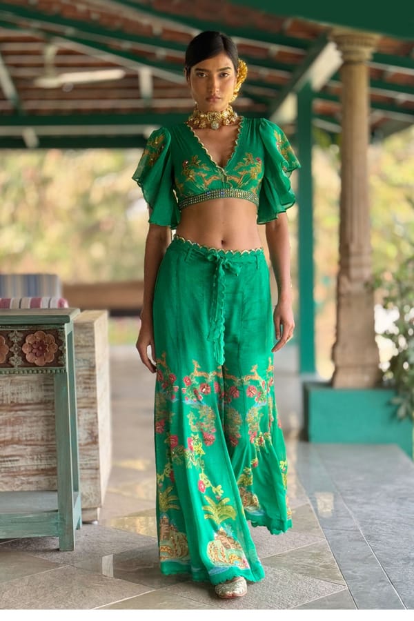 Green Chiffon Crop Top and Flared Pant Co-ord Set — Basil Leaf