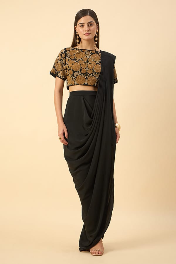 Gold Embroidered Blouse With Cowl Saree Skirt — Aakaar