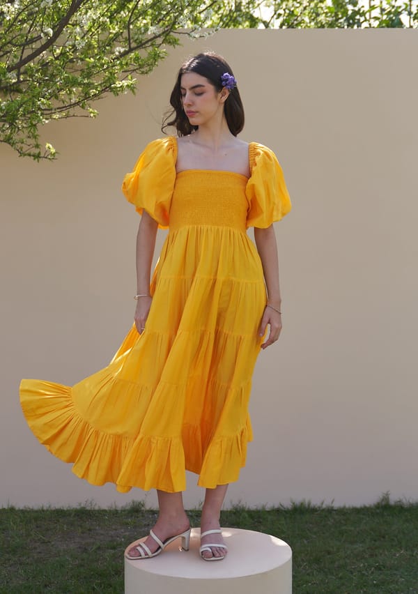 Mango Yellow Tiered Smocked Midi Dress with Detachable Sleeves — AMOSHI