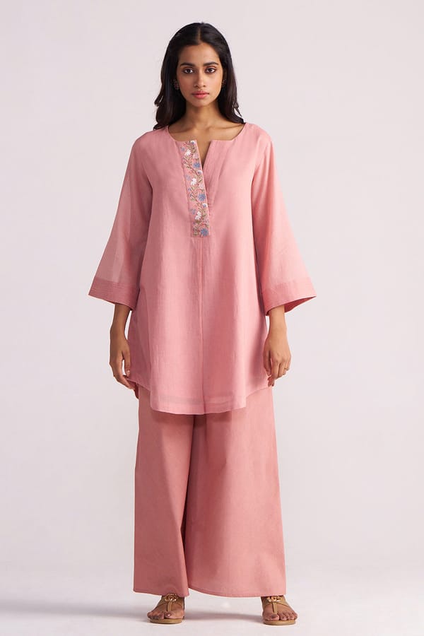 Rose Tan Cotton Voile Kurta and Wide-Leg Pants Co-ord Set — Ganga Fashions Pvt Ltd