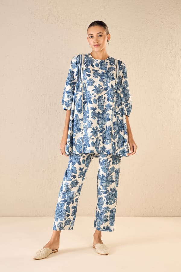 Blue Blossom: Rose Side Gather Tunic Co-Ord Set — SHIVANI BHARGAVA