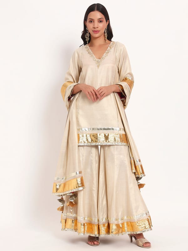 Golden Cotton Tissue Kurta Garara Set with Gotta Border — Gotta Kinari