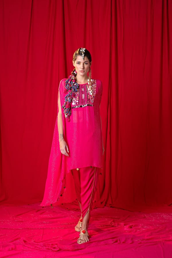 Rani Pink Shimmer Kimono Tunic and Tulip Pant Co-ord Set — EnEch