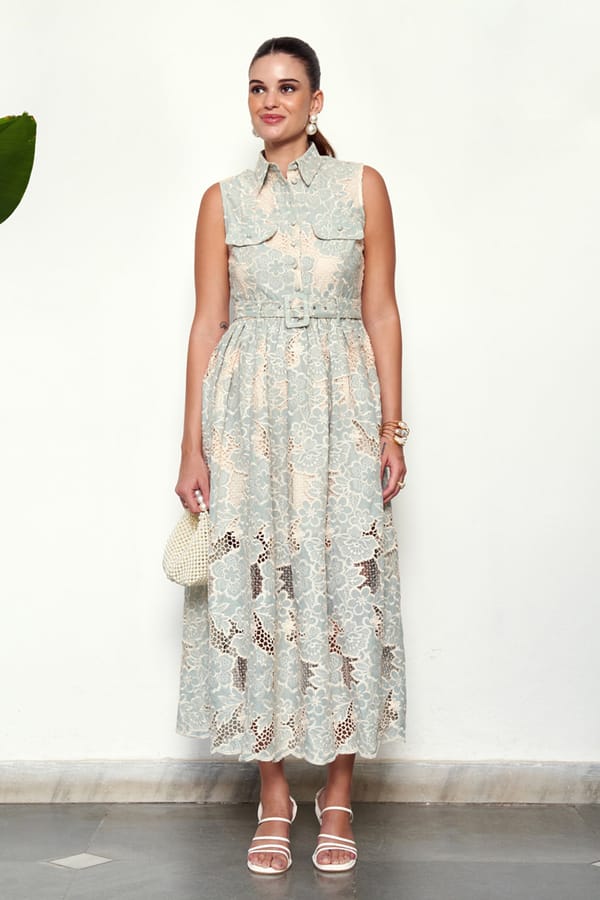 Blue Cotton Lace Collared Button-Front Maxi Dress — AVERIE