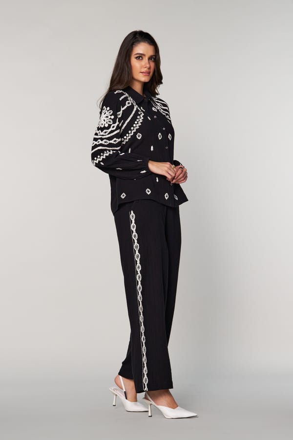 Black Embroidered Collared Button-Down Top — Style Island