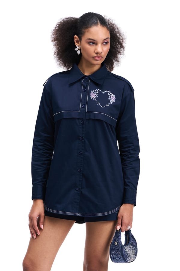 Navy Cotton Satin Heart-Embroidered Button-Down Shirt — Our Love