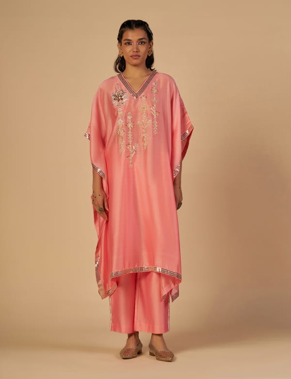 Pink Ombre Silk Chanderi Kaftan with Gota and Sequins — Gulabo by Abu Sandeep