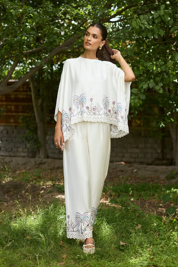 Cream Italian Cotton Embroidered Co-ord Set — INCHING INDIA