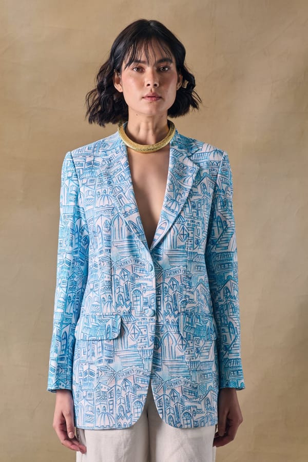 Blue Landscape Graphic Print Single-Breasted Blazer — Pocketful Of Cherrie