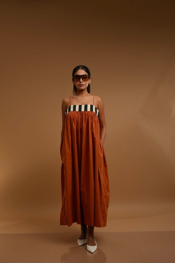Orange Smock Maxi Dress with Striped Yoke — D Mak