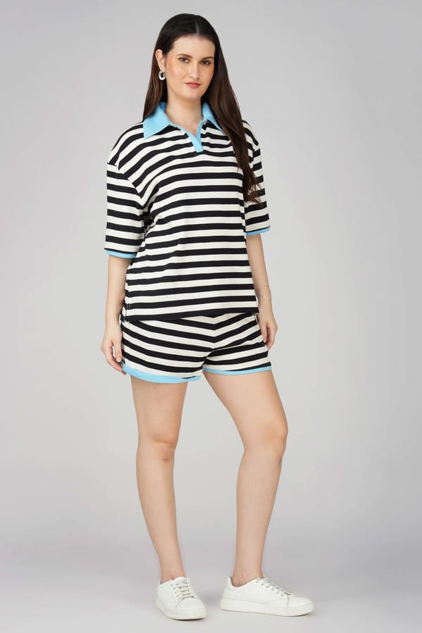Black and White Striped Oversized Polo T-Shirt with Blue Collar — The clothing factory