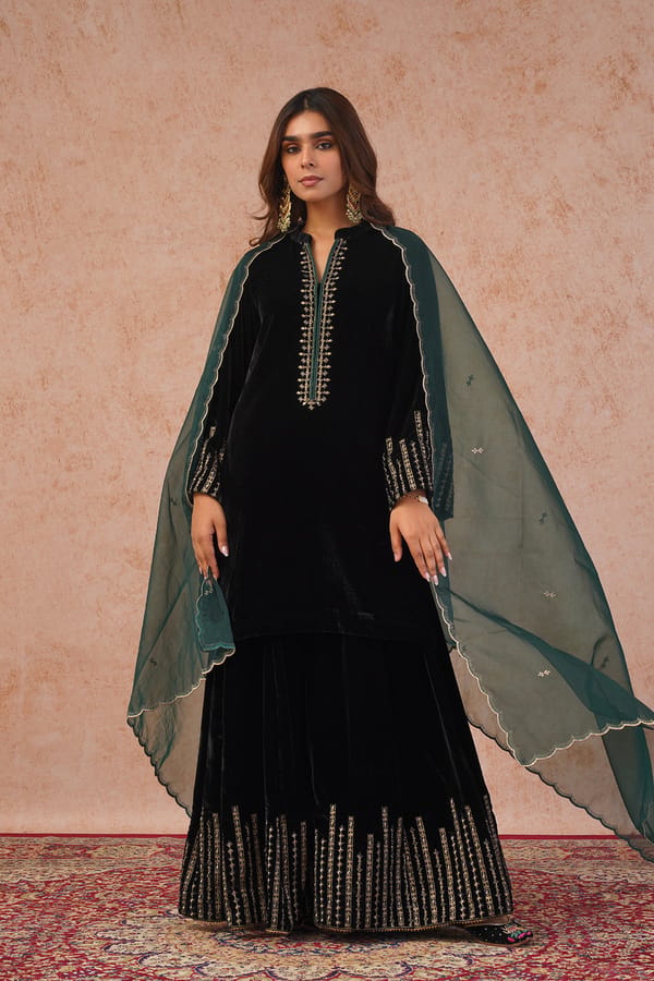 Black Velvet Zari Embroidered Kurta Sharara Set — INCHING INDIA