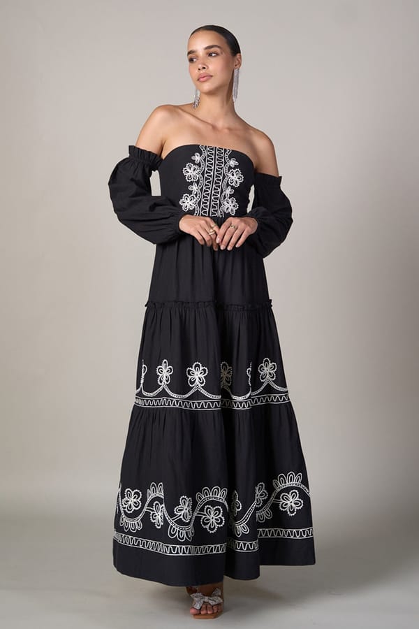 Black Off-Shoulder Embroidered Tiered Maxi Dress — Style Island
