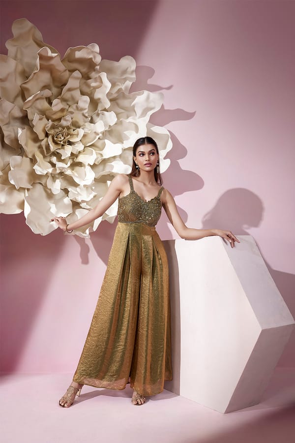 Olive Green Shimmer Tissue Embellished Wide-Leg Jumpsuit — QUNIC
