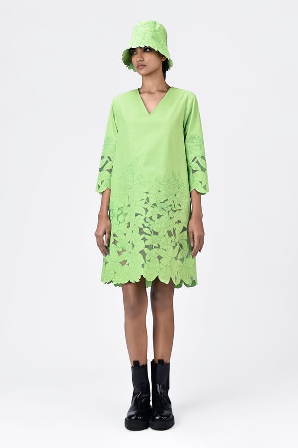 Mint A-Line Knee-Length Dress with Tropical Cutwork Embroidery — Genes Lecoanet Hemant
