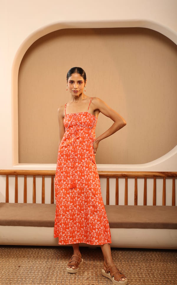 Orange Floral Square Neck Strappy Midi Dress — MANVI DAGA STUDIO
