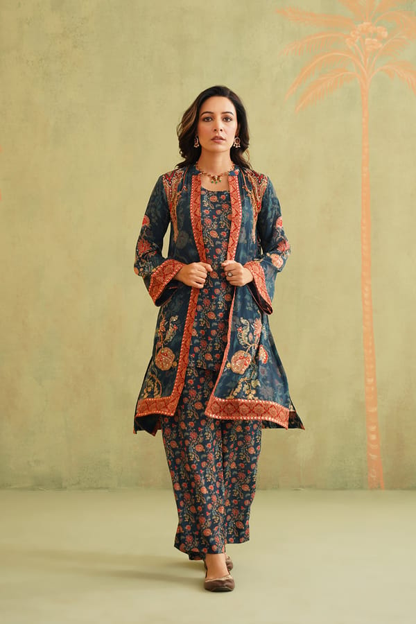 Blue Printed 3-Piece Co-ord Set with Embroidered Layer — NEETIKA CHOPRA