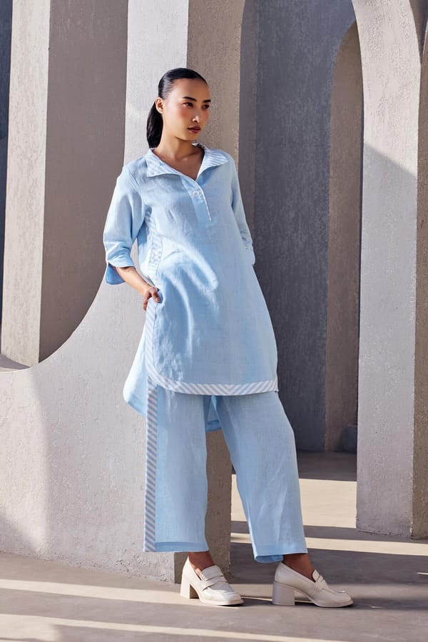 Light Blue Linen Kurti and Wide-Leg Pants Co-ord Set — YELL