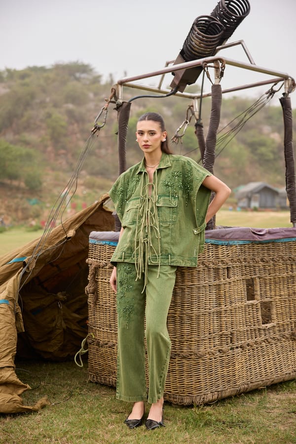 Green Denim Tie-Up Co-ord Set with Beaded Appliqué — KAY KAY