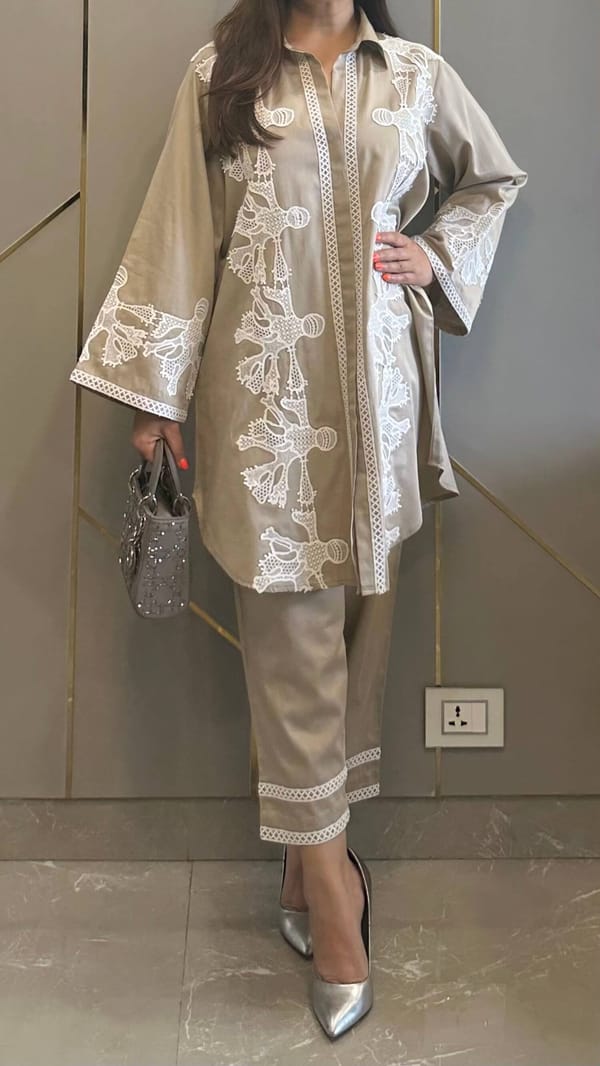 Beige Lace Applique Shirt and Pant Co-ord Set — Kylee Fashions
