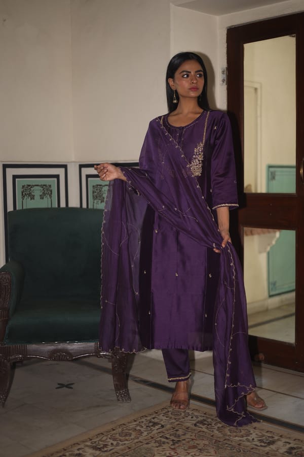 Purple Silk Chanderi Zardozi Kurta Set with Dupatta — Tatwa Designs