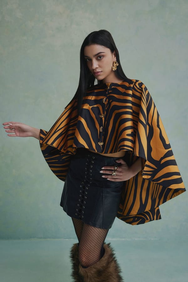 Black/Yellow Tiger Print High-Low Cape Jacket — Zabella
