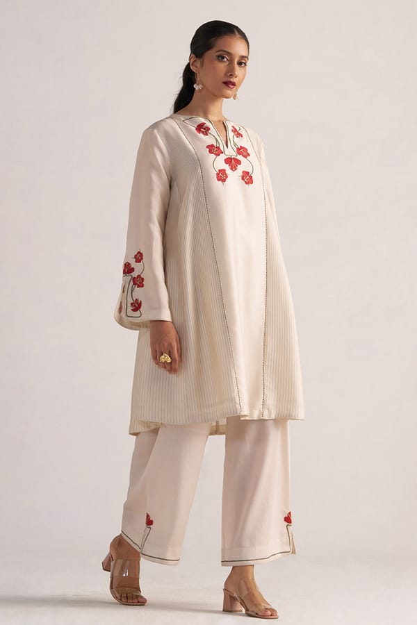 Tofu Cream Embroidered Kurta and Wide-Leg Pants Co-ord Set — Ganga Fashions Pvt Ltd