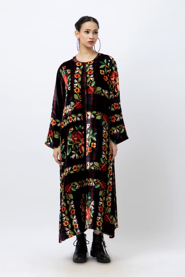 Multi-Colour Printed Silk Velvet Longline Phiran Coat — Jungle Marigold