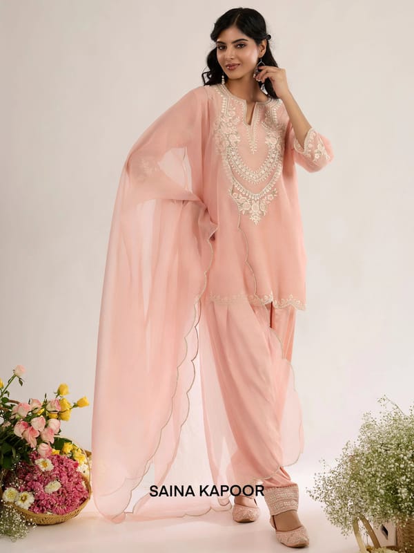 Blush Pink Chanderi A-Line Kurta Set with Organza Dupatta — SAINA KAPOOR