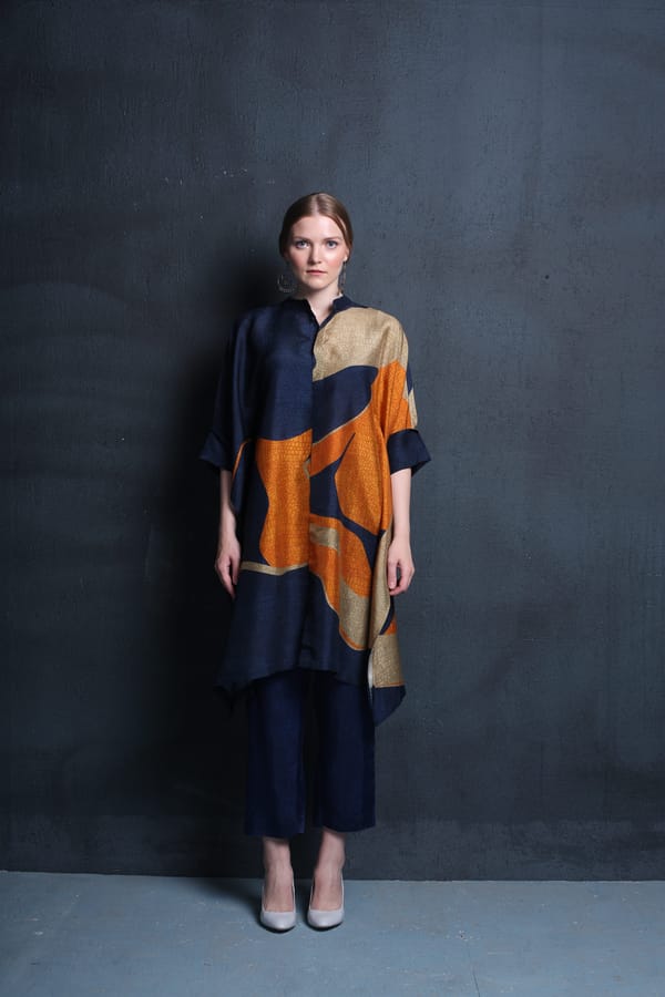 Denim Blue Abstract Printed Dupion Silk Kurta Set — CLOS