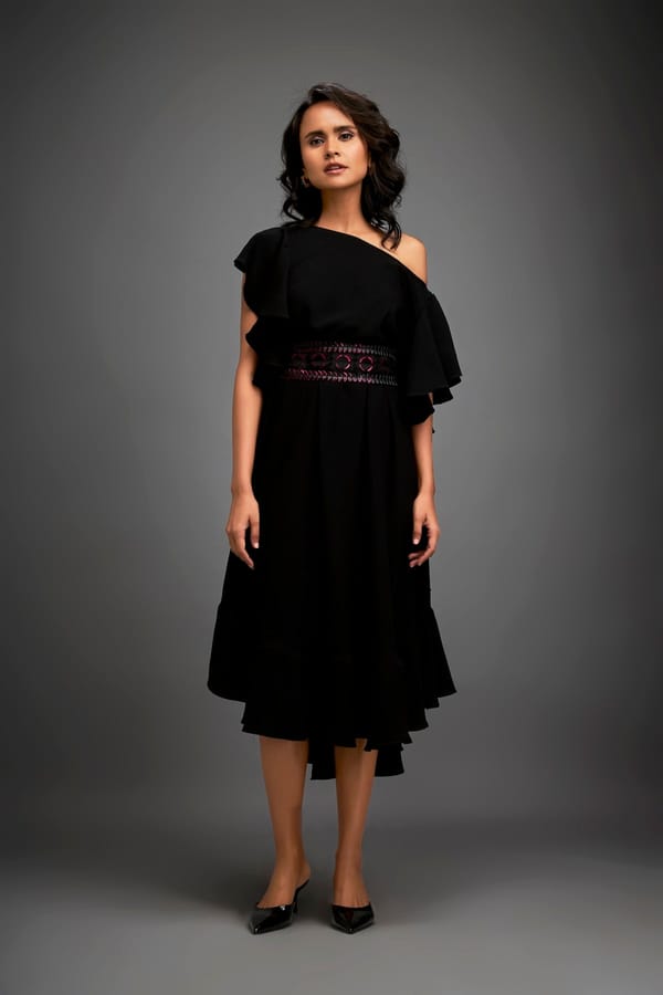 Asymmetrical Off-Shoulder Dress And Metallic Waist Belt — Deepika Arora