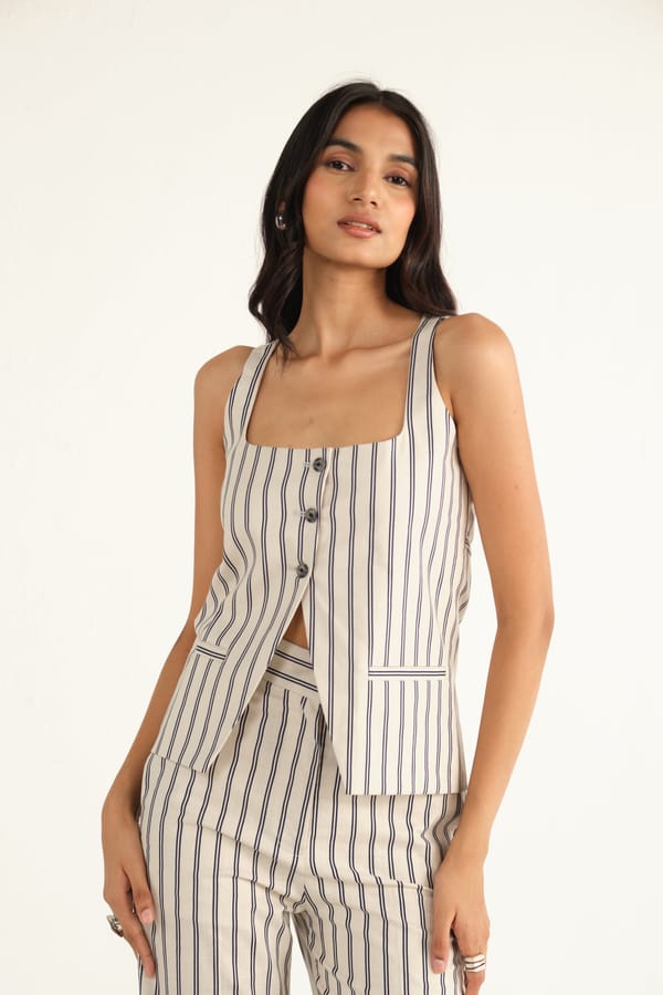 Beige Linen Striped Tailored Waistcoat with Back Tie — Shop Staple