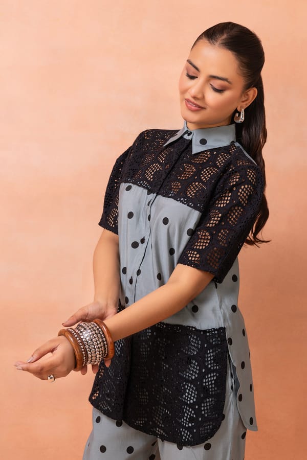 Powder Blue Polka Dots With Black Crochet Set — Sew and You
