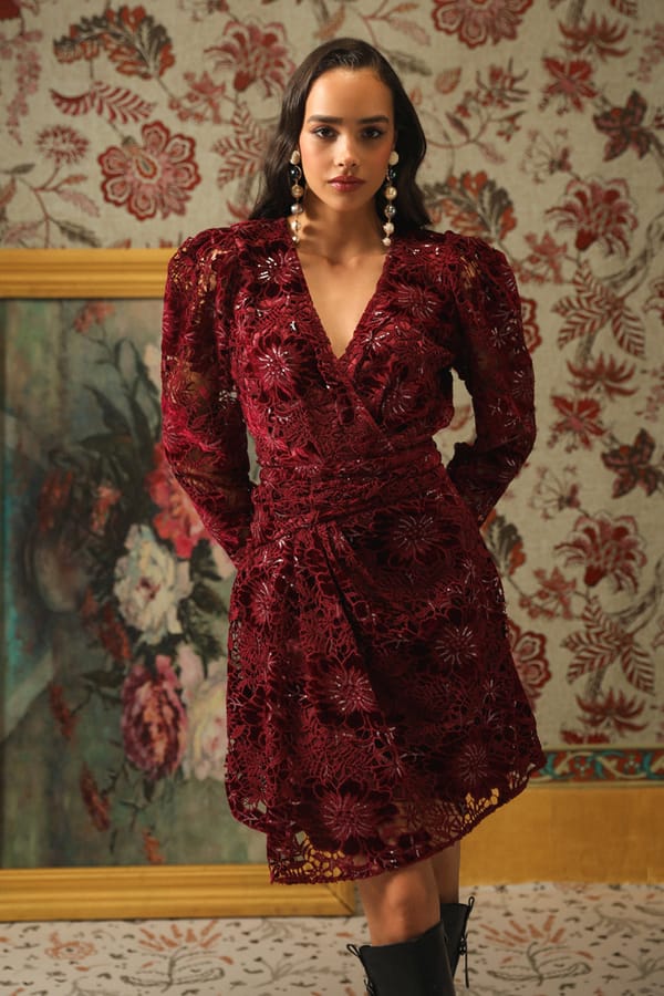 Burgundy Lace Wrap Mini Dress with Velvet Applique — BOHO-CHIC