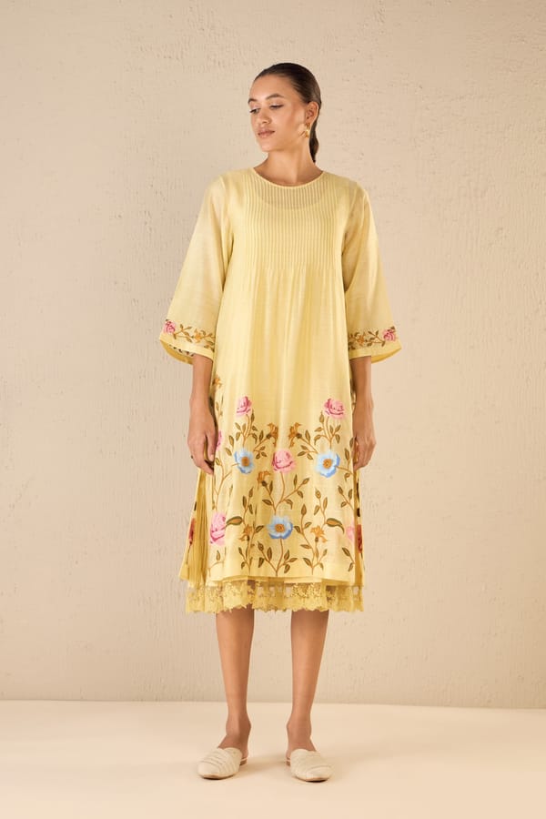 Gardenia Charm: Yellow Floral Embriodery Jaal Kurta — SHIVANI BHARGAVA