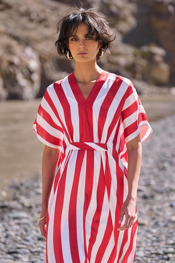 Red/White Striped Maxi Kaftan Dress with Waist Tie — Dash and Dot
