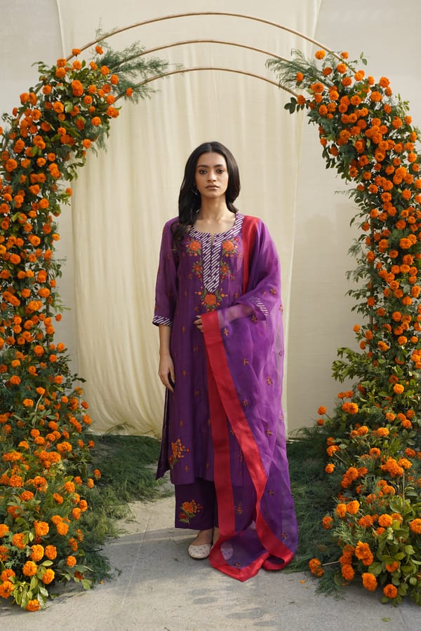 Purple Chanderi Silk Floral Embroidered Kurta Set — Pooja Singhal