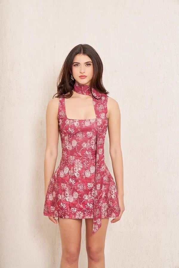 Pink Floral Fit and Flare Mini Dress with Lace-Up Back — Torqadorn