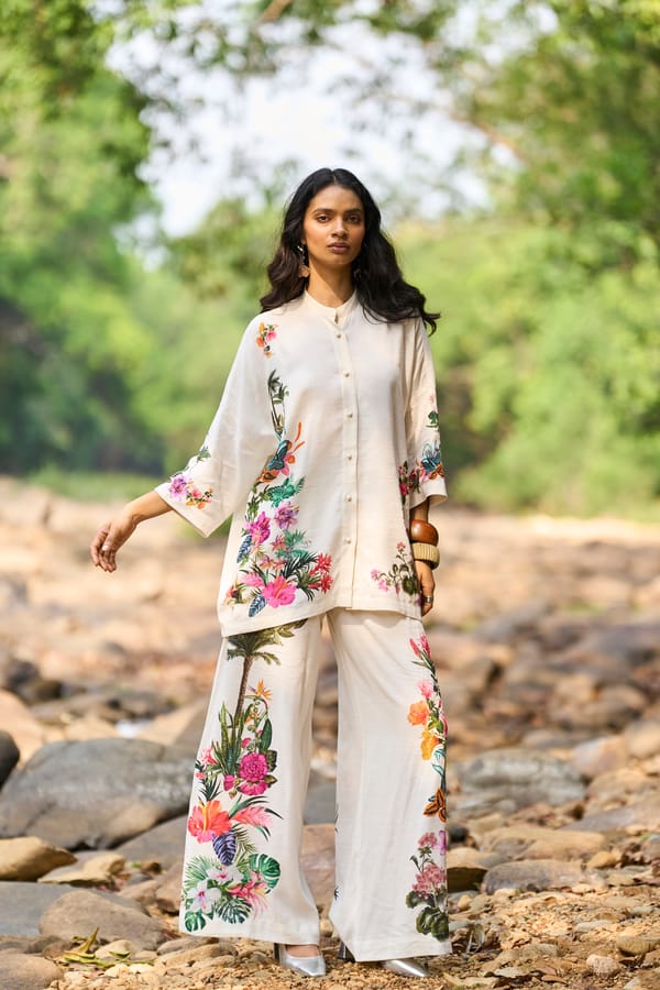 Off-White Floral Printed Wide-Leg Trousers — Dash and Dot