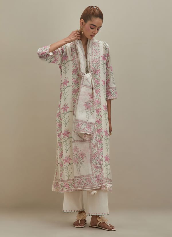 Off White Chanderi Straight Kurta Set Blocks Print — Upavita