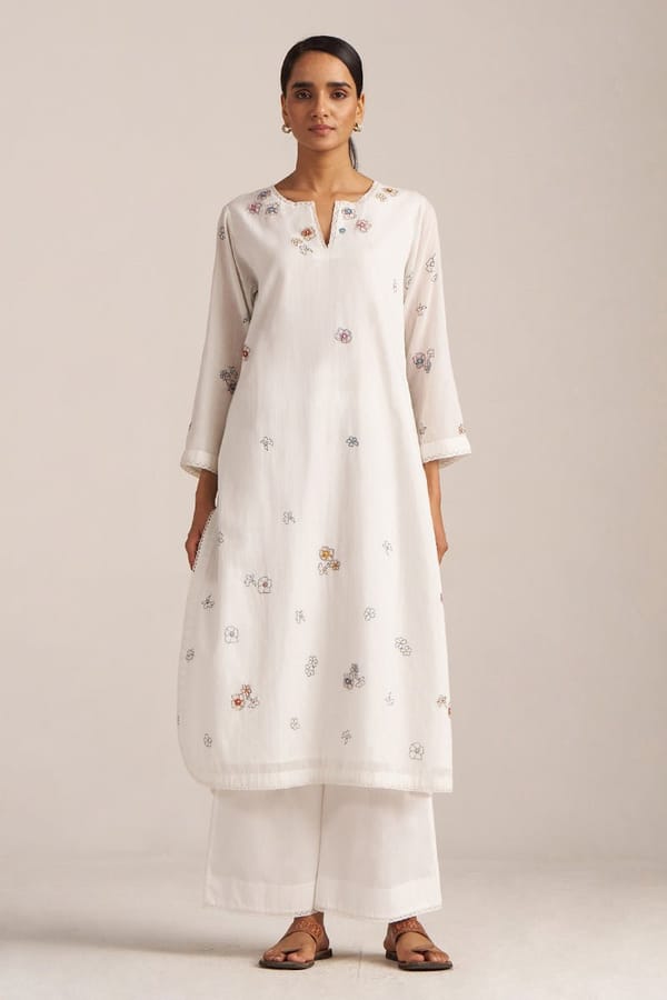 Off White Mul Cotton Embroidered Co-ord Set — Ganga Fashions Pvt Ltd