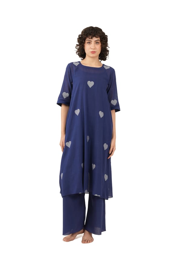 Navy Blue Heart Motif Kurta With Bottom — Khat