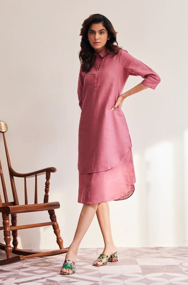 Onion Pink Linen Collared Midi Dress with Layered Hem — YELL