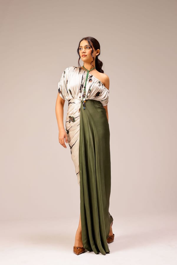 Olive and Ivory One-Shoulder Pleated Kaftan Maxi Gown — STUDIO SURBHI