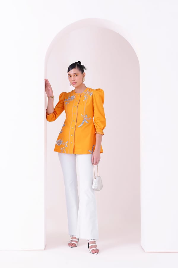 Sunset Orange Embroidered Puff Sleeve Longline Tunic Top — Our Love
