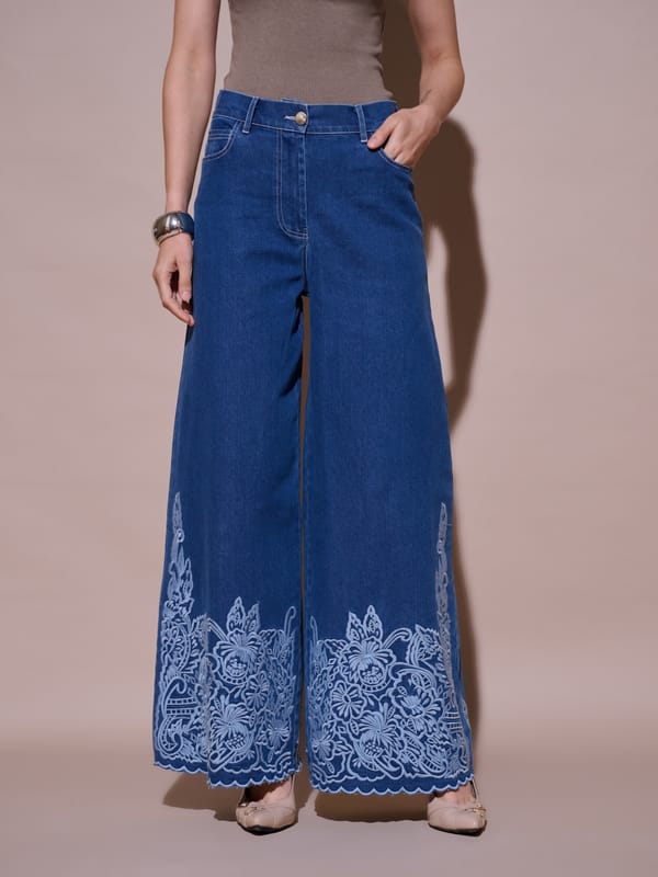 Blue High-Rise Wide-Leg Embroidered Hem Jeans — Style Island