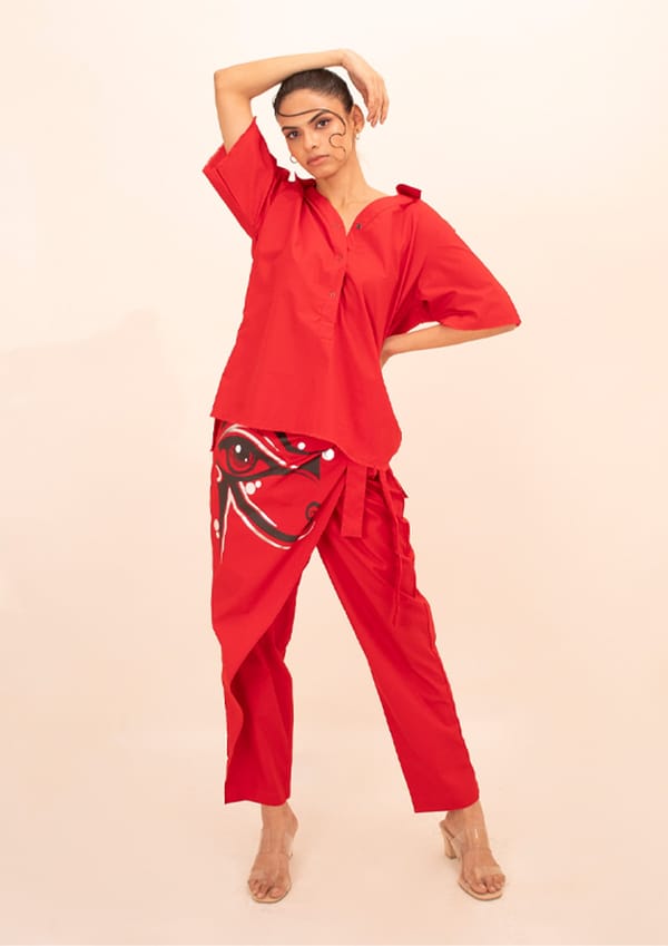 Red Cotton Co-ord Set with Print — Richa Goenka