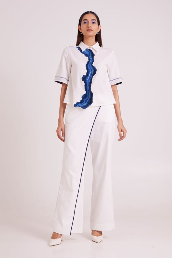 Ivory Shirt and Wide-Leg Pants Co-ord Set with Blue Appliqué — Madder Much